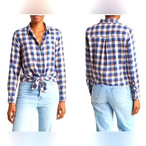 NWT Madewell Plaid Flannel Tie Front Long Sleeve Shirt Women's Size L